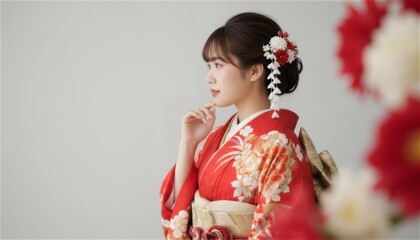 アンニュイな表情で横を見つめる赤い振袖姿の女性