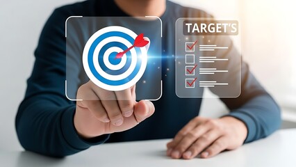 Businessman interacting with virtual target interface for goal setting and strategy planning