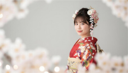 白い花のフレーム越しに微笑む振袖姿の日本人女性