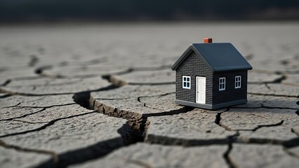 Small toy house sits on cracked dry earth, symbolizing drought and housing crisis