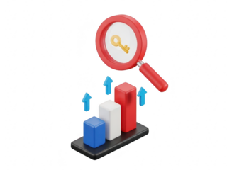 3d bar chart graph with magnifying glass on transparent background showing growth and analysis