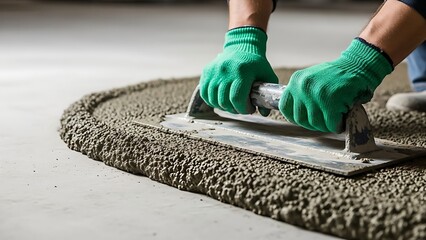 Construction worker smoothing wet concrete with a trowel, wearing green protective gloves