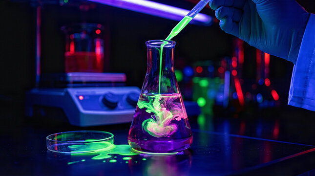 Scientist Using Pipette in Chemistry Laboratory with Fluorescent Liquid Experiment