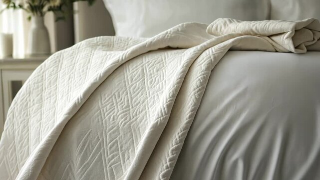 Cozy blanket arrangement on elegant bed in modern minimalist bedroom interior