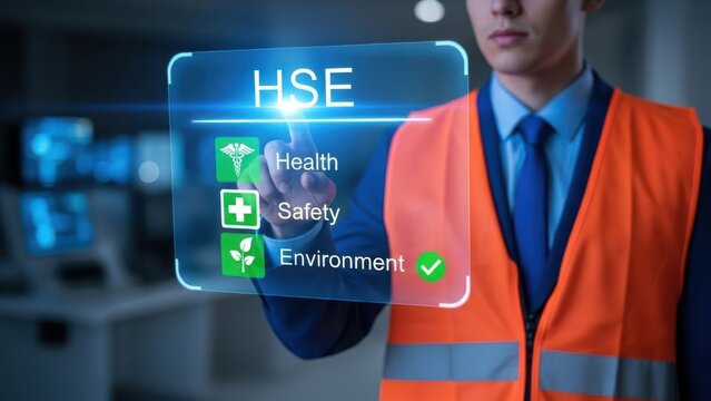 HSE Safety Standards: Worker in orange vest touching virtual interface with health and environment icons for workplace risk management