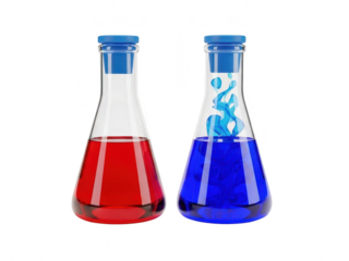 Two colorful liquids in glass conical flasks with blue caps on transparent background