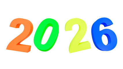 Vivid multicolor 3D render of the number 2026, isolated on transparent background, futuristic and modern style ideal for New Year promotions and digital design projects.