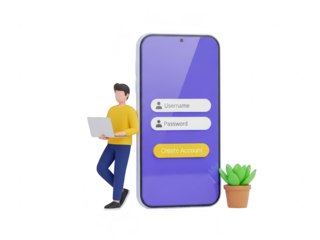 Man standing next to large smartphone with login screen and laptop isolated on transparent background