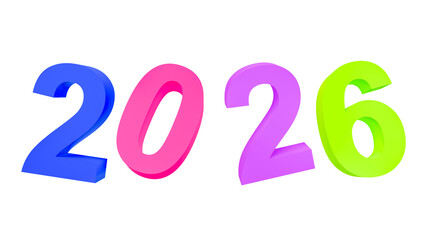 Colorful glossy 3D typography displaying 2026, PNG with transparent background, perfect for festive visuals, countdown themes, banners and creative marketing content.