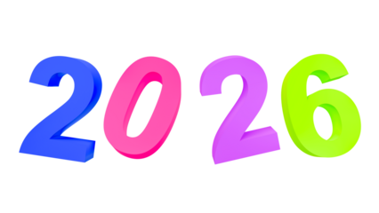 Colorful glossy 3D typography displaying 2026, PNG with transparent background, perfect for festive visuals, countdown themes, banners and creative marketing content.