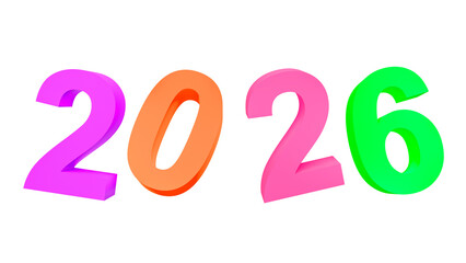 Bright and modern 2026 number in colorful 3D style, isolated object symbolizing future, optimism and new beginnings for celebration and commercial design use.