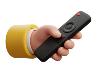 A cartoon hand in a yellow sleeve holding a black remote control isolated on transparent background