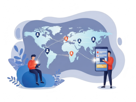 Illustration of two business professionals interacting with a large map and mobile device for global communication isolated on transparent background - Powered by Adobe