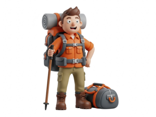 Cartoon man with hiking gear and backpack standing isolated on transparent background with trekking pole