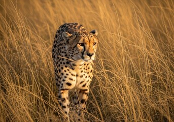 Naklejka premium A majestic cheetah walks through tall, golden savanna grass during a warm sunset, showcasing its spotted coat and intense gaze