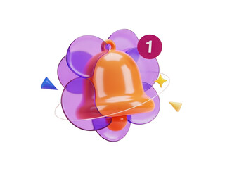 Vibrant orange bell icon with purple shapes and notification badge on transparent background