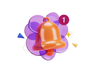 Vibrant orange bell icon with purple shapes and notification badge on transparent background