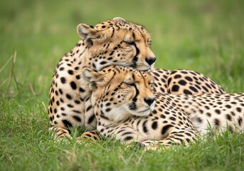 Fototapeta premium Two cheetahs cuddle together in a grassy field, their heads resting on each other in a tender display of affection