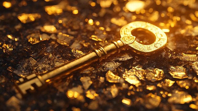 Golden key lying amongst gold nuggets with selective focus and warm lighting