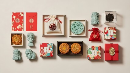 A stunning flat lay capturing the essence of how Chinese festivals combine modern traditions through thoughtfully curated gifts and festive delicacies
