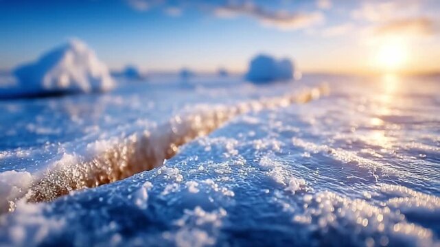 Frozen Edge: The captivating view of a frozen landscape unfolds as the sun rises, casting a warm glow upon the intricate textures of ice, creating a serene and captivating scene.