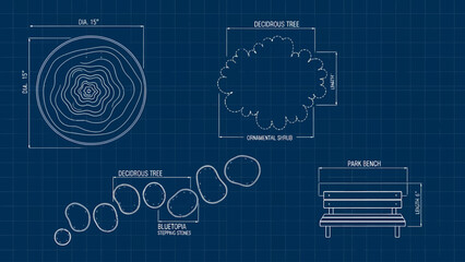 Architectural blueprint of various park elements, detailing outdoor furniture and plant layouts for urban landscape design planning