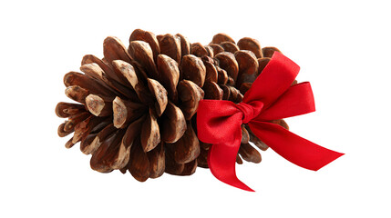A festive macro shot of brown pine cones and red ribbons decorating an evergreen fir tree creates a natural winter holiday scene isolated against a forest background