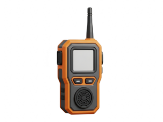 A handheld twoway radio with an antenna and speaker on a transparent background
