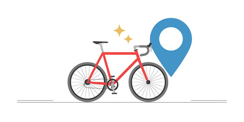 Red bicycle with location pin on transparent background