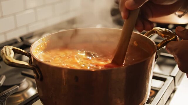 Person stirring soup in a copper pot