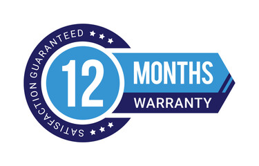 Modern 12 months warranty badge vector with satisfaction guaranteed label in blue color with futuristic ribbon and arrow