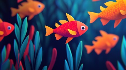 A vibrant underwater scene with a school of tropical fish swimming through coral reefs