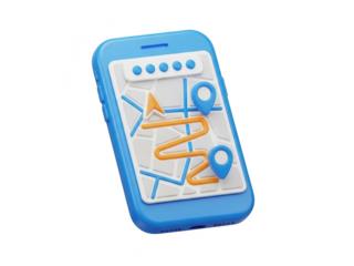 3d illustration of a blue smartphone displaying a map with a route and location pin on the screen isolated on transparent background