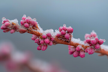 Frozen buds sparkle with icy droplets along slender stem against muted backdrop.