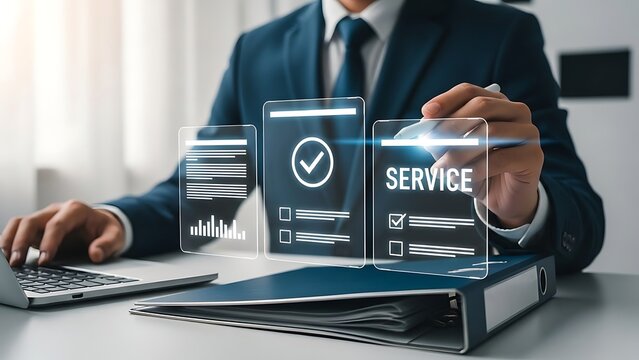 Businessman interacting with virtual service interface in modern office setting with technology - Powered by Adobe