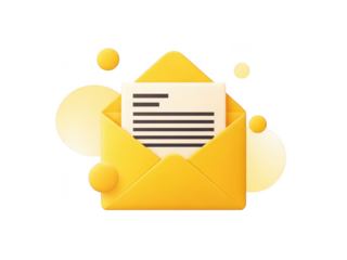 Yellow envelope with letter and decorative elements isolated on transparent background for mail concept