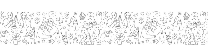 Galentines Day Seamless Border Frame Pattern, Women Friendship Line Art Vector Illustration