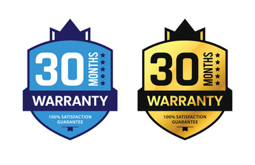 30 Month Warranty badge with unique gold shield and ribbon. For label, icon, seal, sign, stickers, tags, logo, symbol, stamp, template. Vector illustration