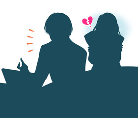 ノートパソコンに向かって話している男性と悲し気な女性　シルエット