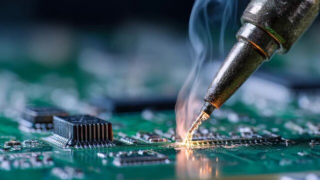 Ultra HD Closeup of soldering iron repairing or assembling electronic circuit board with smoke rising, technology concept video