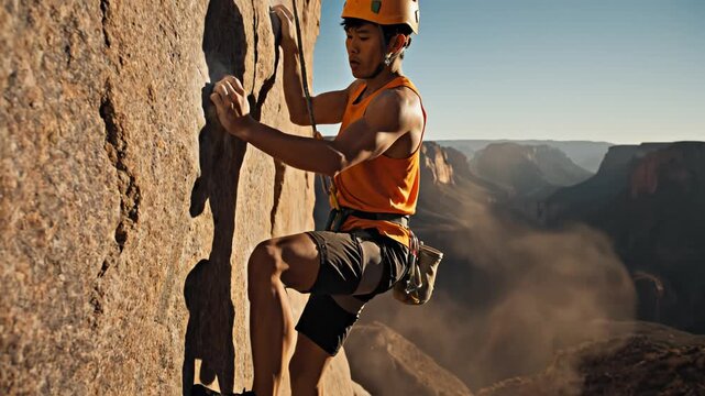 Man climbing rock face with canyon view