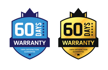 60 Days Warranty badge with unique gold shield and ribbon. For label, icon, seal, sign, stickers, tags, logo, symbol, stamp, template. Vector illustration