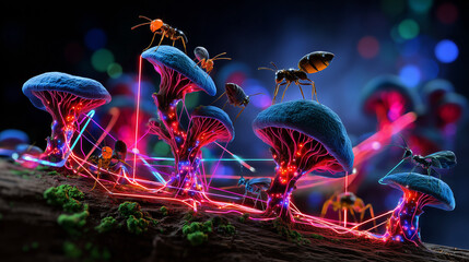 Un myc&eacute;lium lumineux entrelac&eacute; de chemins synaptiques n&eacute;ons et de petits insectes aux couleurs vives