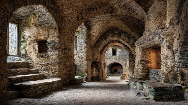 Ancient Castle's Stone Interiors: a striking interior view of a historic stone castle featuring stone architecture.