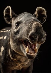 Fototapeta premium Close up portrait of a tapir with open mouth against black background