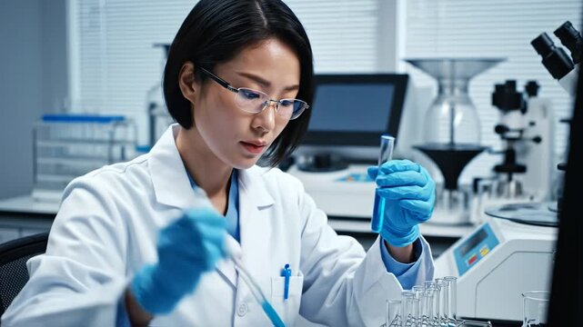 Scientist in lab handling test tubes