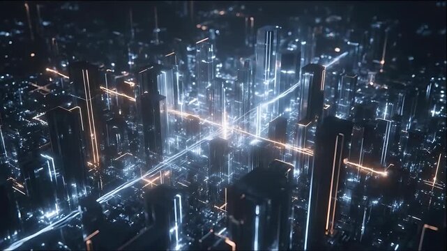 Aerial View of Futuristic Cityscape with Neon Lights and Skyscrapers at Night
