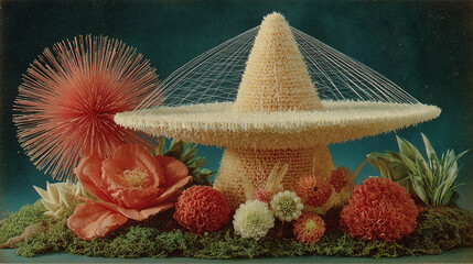 Decorative floral arrangement with a large sombrero and colorful flowers.