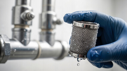 Gloved hand holding a small metal mesh water filter element near clean plumbing pipes, maintenance concept 
