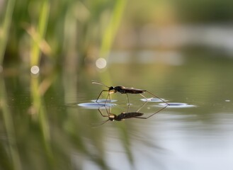 Water strider insect walking on calm pond water surface with reflection and blurred green bokeh background.